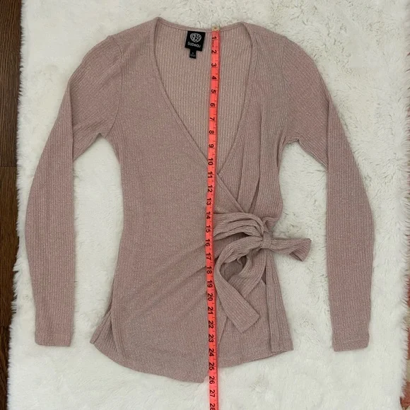 Balletcore Wrap Side Tie Long Sleeve Top | Bobeau Dusty Rose Pink Ribbed Sweater - Picture 10 of 16
